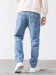 Men's Cut Out Ripped Frayed Zipper Fly Long Straight Leg Denim Jeans