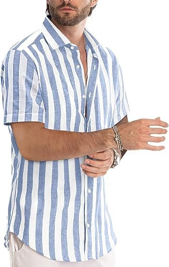 Men's Casual Short Sleeve Button Striped Cotton Shirt