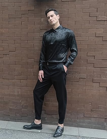 Men's Silk Satin Dress Shirts Long Sleeve Floral Button Up Shirts