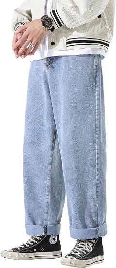 Men's Work Jeans Casual Hip Hop Cargo Solid Color Loose Fit Straight Wide Leg Cotton Denim Pants with Zipper