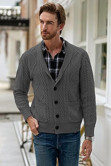 Men's Casual Long Sleeve Shawl Collar Collar Buttons Down Cable Knit Cardigan Sweater with Pockets
